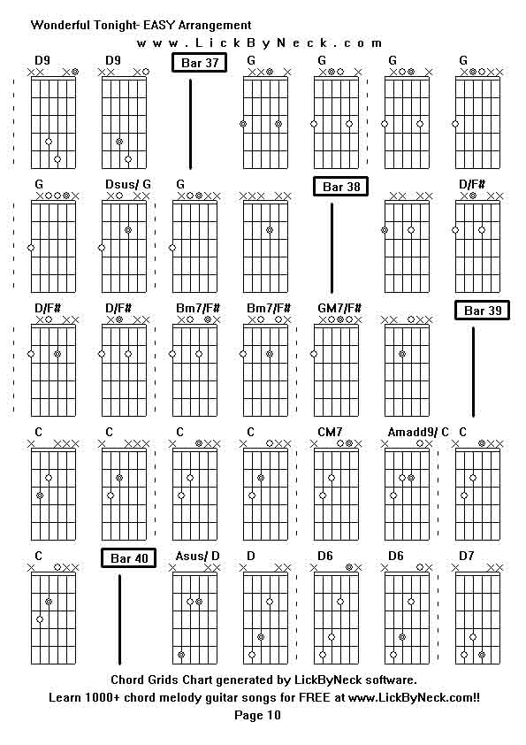 Chord Grids Chart of chord melody fingerstyle guitar song-Wonderful Tonight- EASY Arrangement,generated by LickByNeck software.